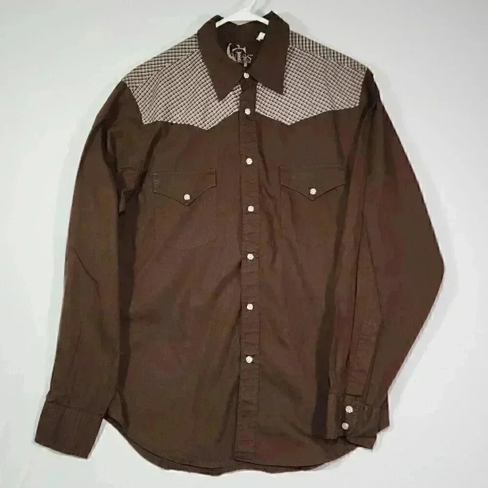 Vintage GUESS Men's‎ Cowboy Shirt L Slim "Freedom" Cross Embroidered Snaps Brown